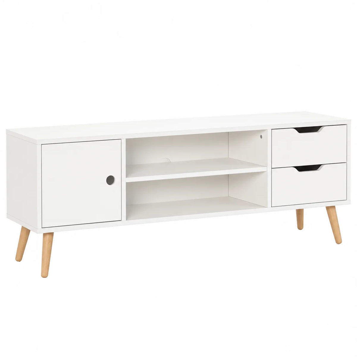 Meuble TV scandinave blanc 120 cm pieds en pin, placard, niches et tiroirs