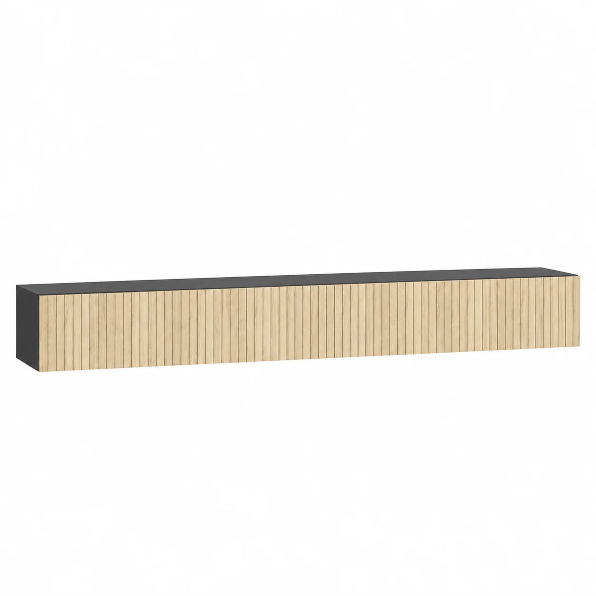 Meuble TV suspendu noir et bois cannelé 140 cm