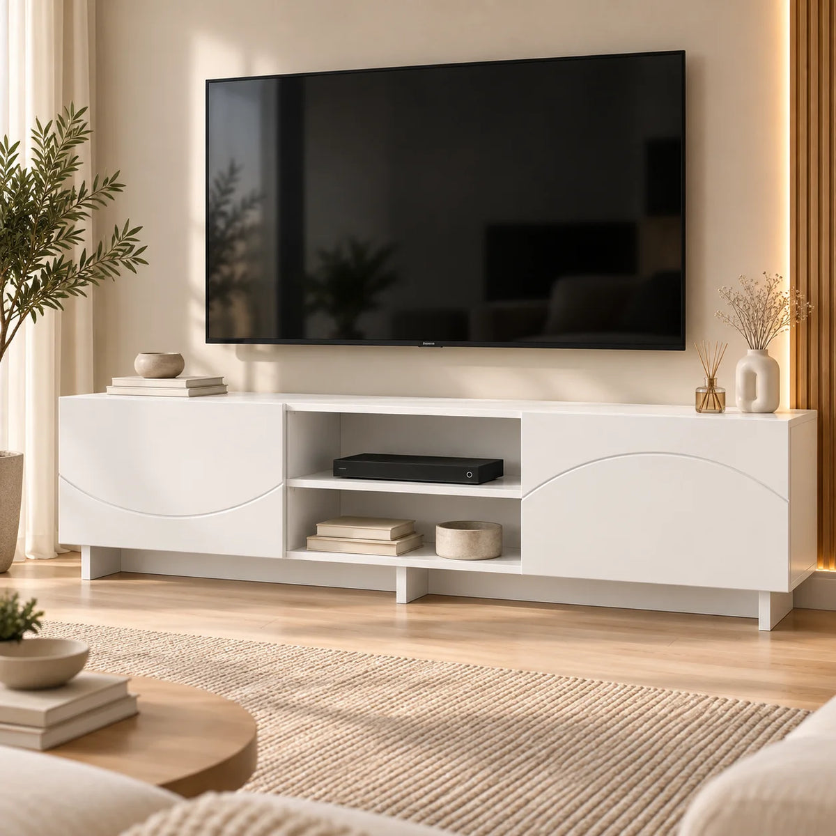 Meuble TV blanc 140 cm à façade courbe