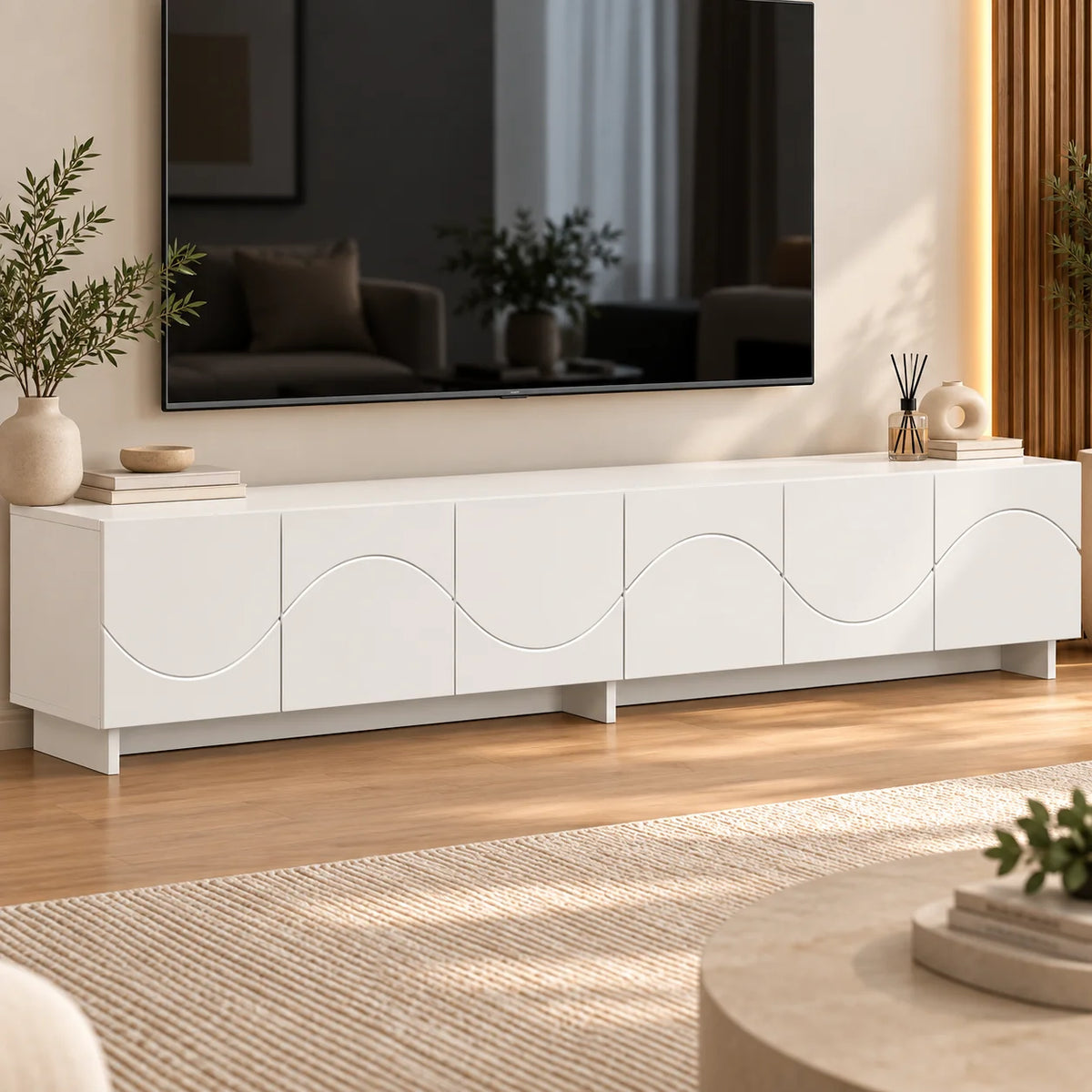 Meuble TV blanc 180 cm à façade ondulée 6 portes