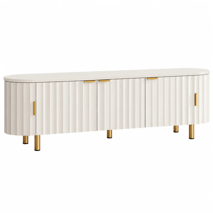 Meuble TV blanc cannelé 170 cm 5 portes aux côtés arrondis