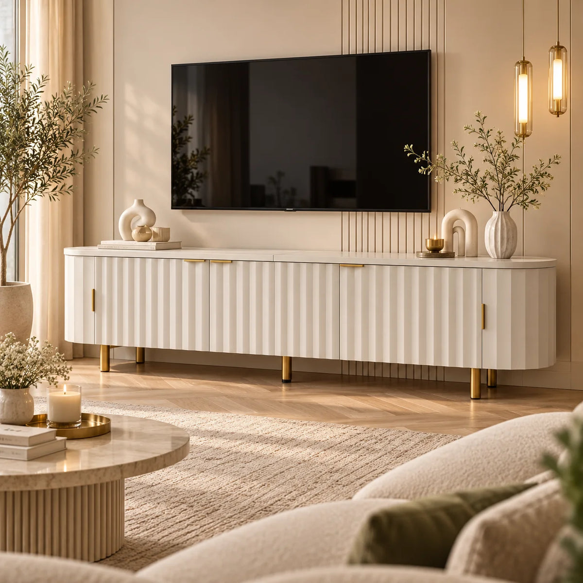 Meuble TV blanc cannelé 170 cm 5 portes aux côtés arrondis