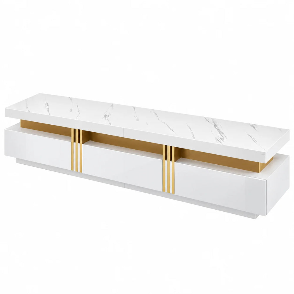 Meuble TV blanc effet marbre 200 cm 3 tiroirs et détails dorés