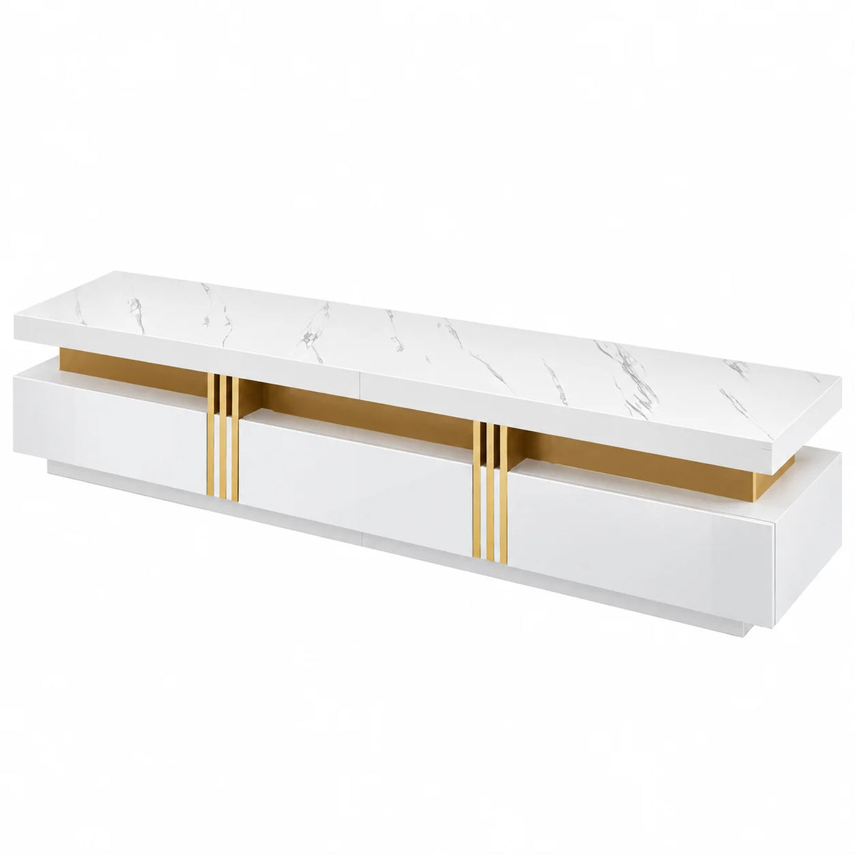 Meuble TV blanc effet marbre 200 cm 3 tiroirs et détails dorés