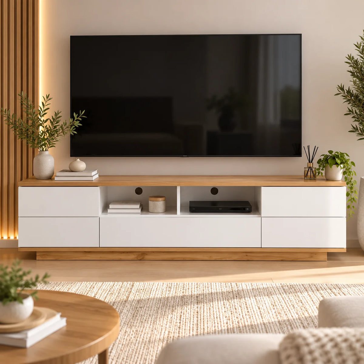 Meuble TV blanc et bois 180 cm
