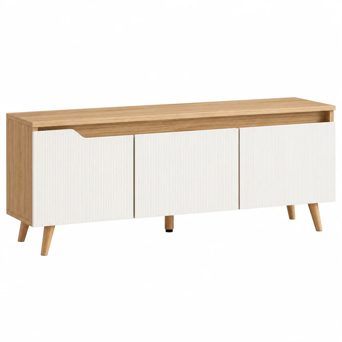 Meuble TV blanc et chêne 120 cm 3 portes sur pieds en pin