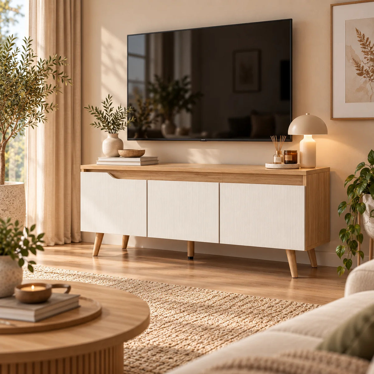 Meuble TV blanc et chêne 120 cm 3 portes sur pieds en pin