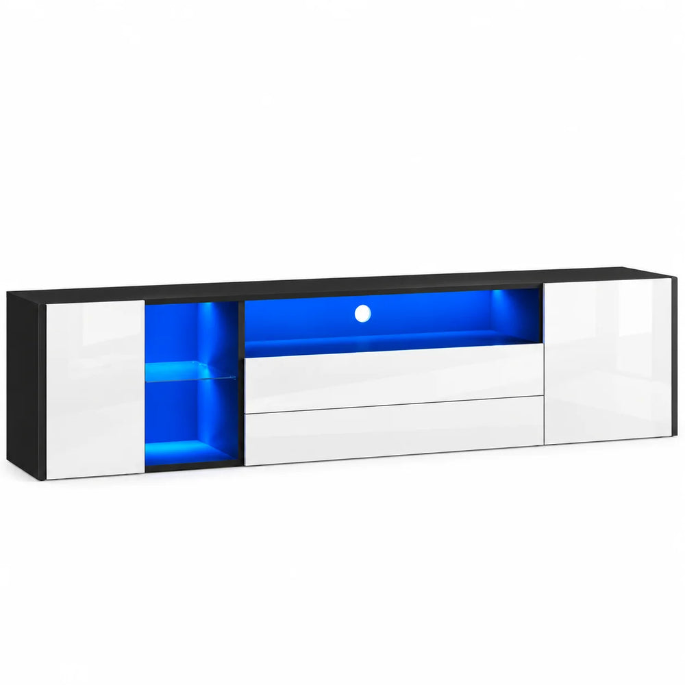 Meuble TV blanc et noir LED 180 cm haute brillance, 2 tiroirs et 2 placards