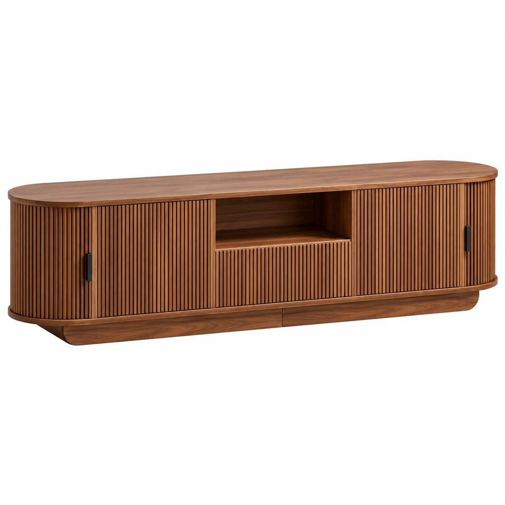 Meuble TV cannelé noyer 180 cm arrondi à portes coulissantes et tiroir