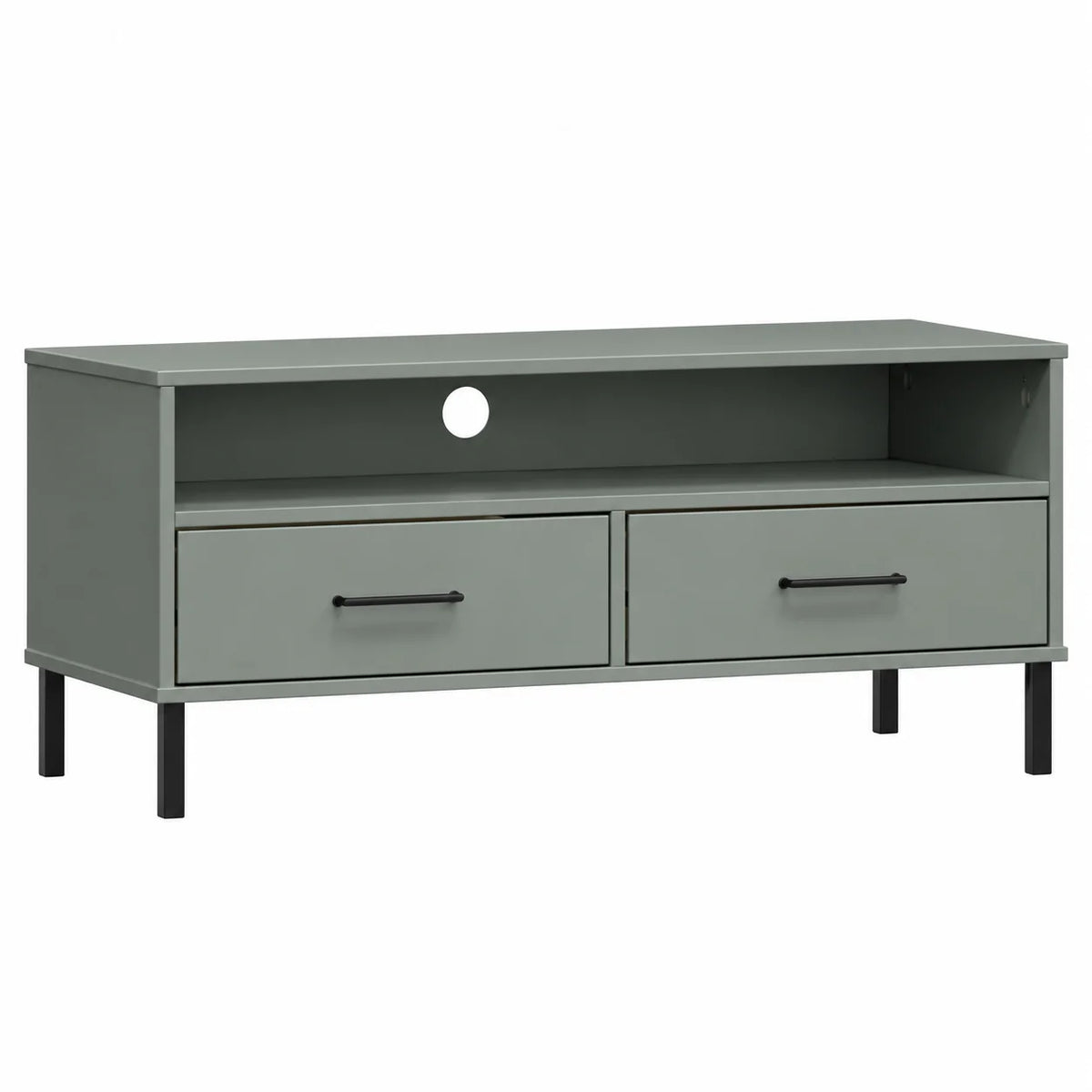Meuble TV gris en pin massif sur pieds en métal 106 cm