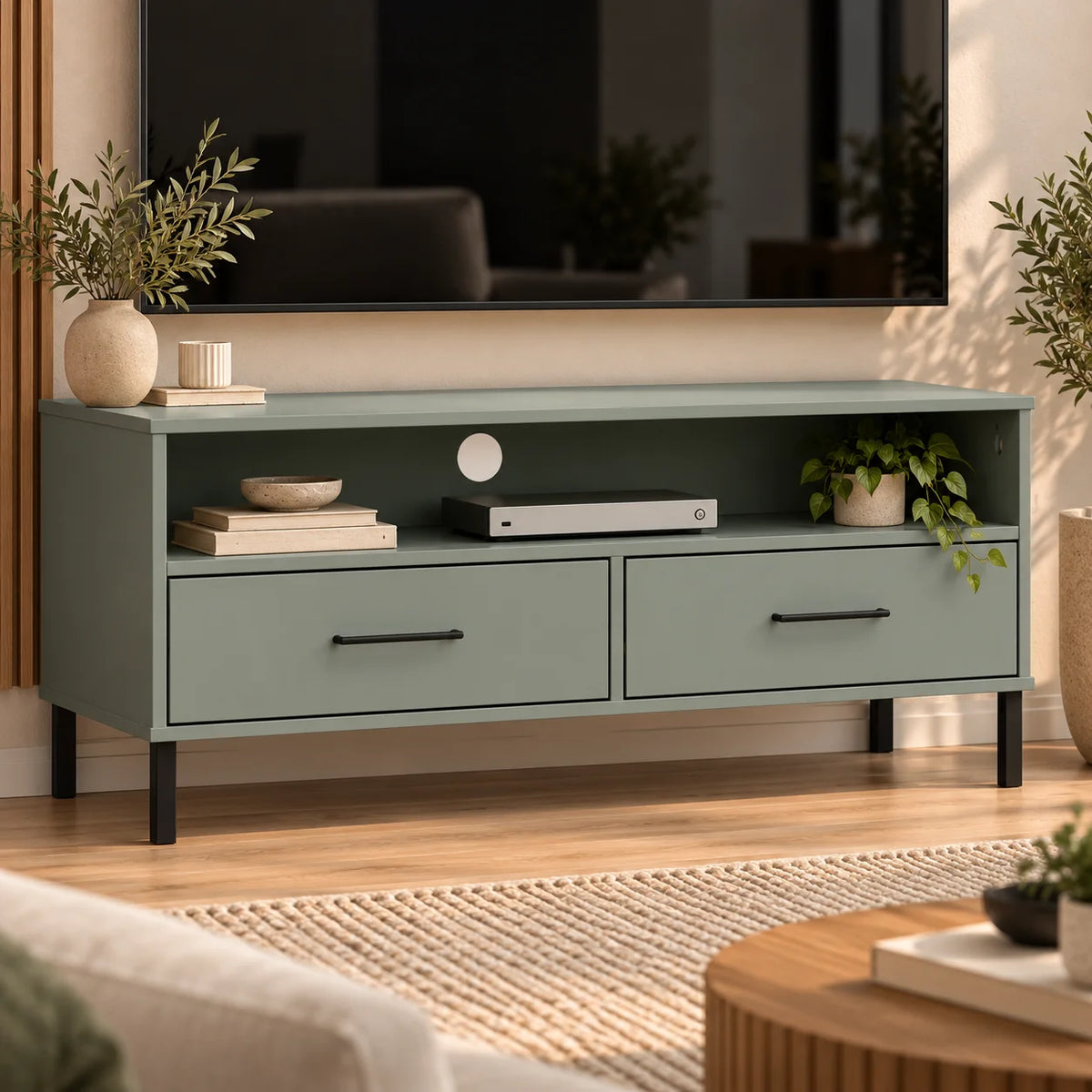 Meuble TV gris en pin massif sur pieds en métal 106 cm
