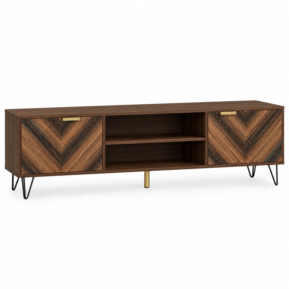 Meuble TV motif chevron 155 cm en placage bois, poignées dorées et pieds en fer