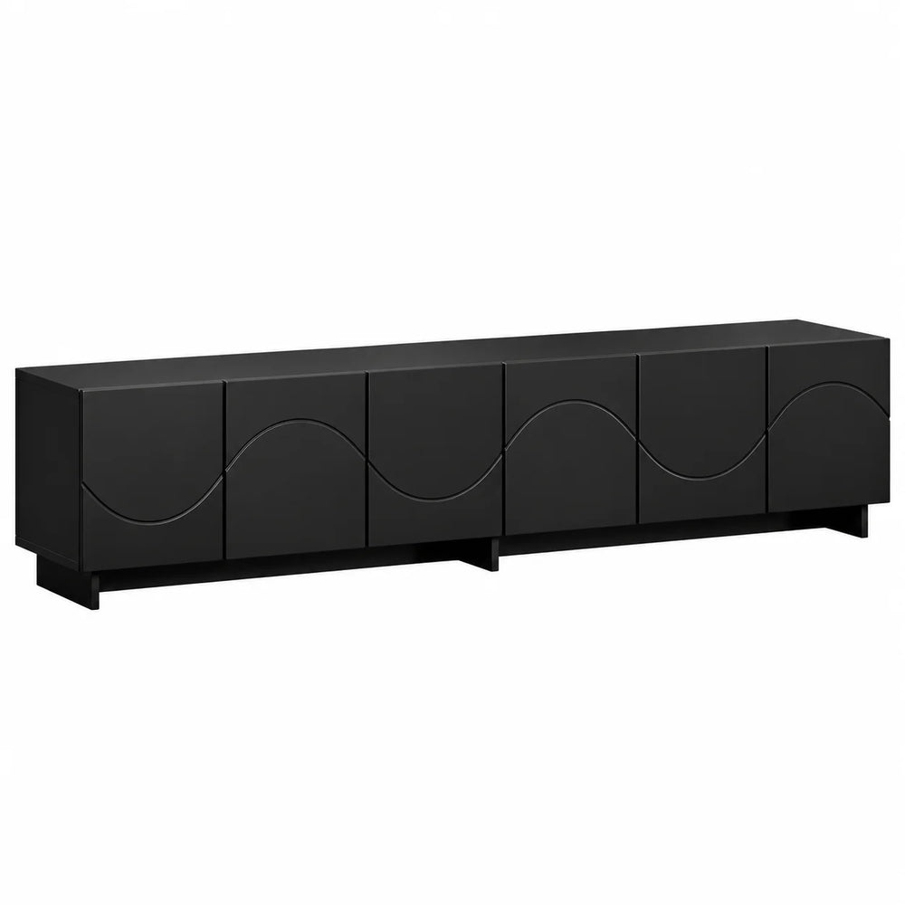 Meuble TV noir 180 cm à façade ondulée 6 portes