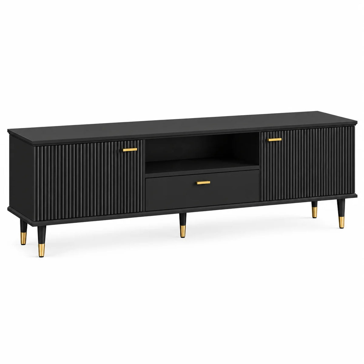 Meuble TV noir cannelé 170 cm avec niche, tiroir et pieds dorés