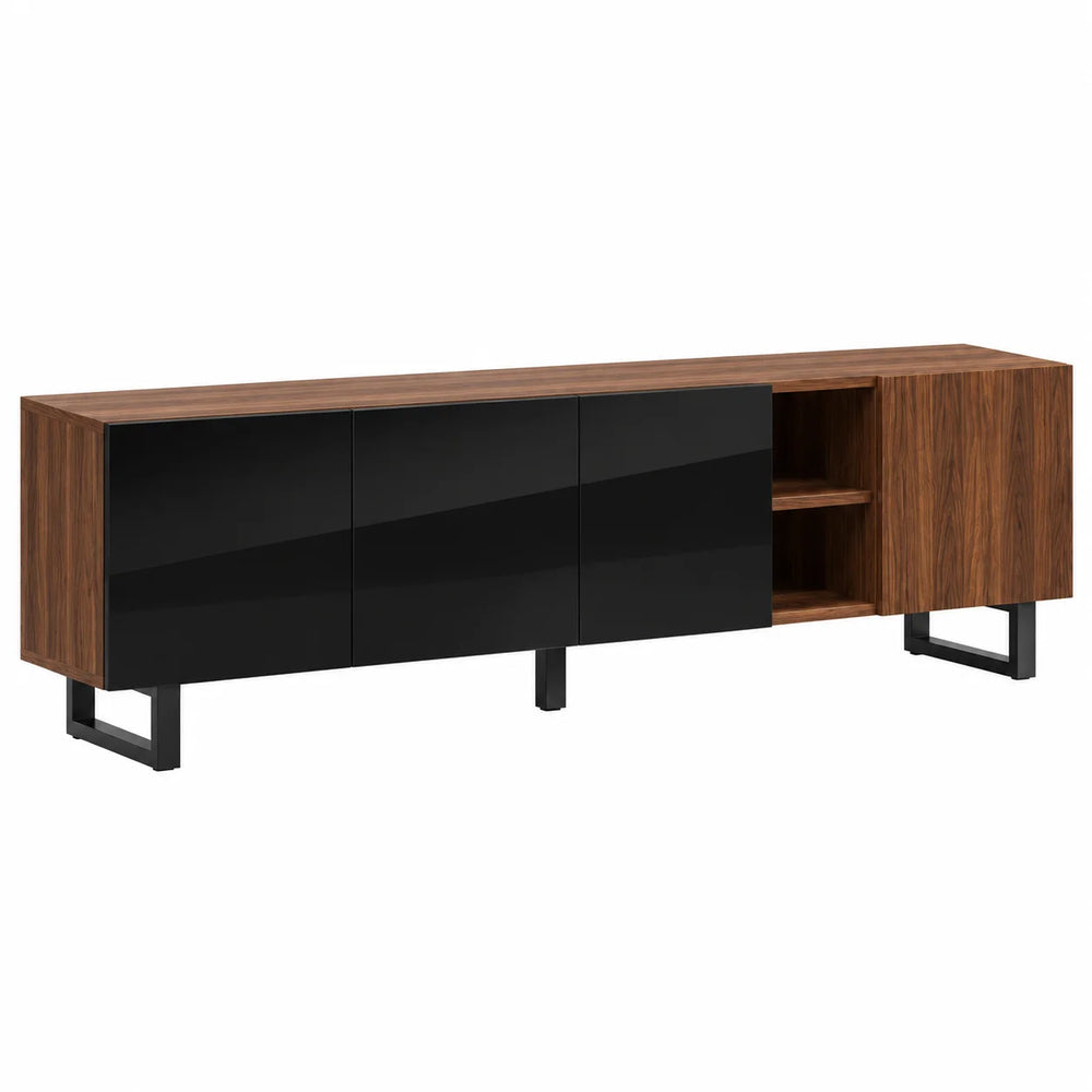 Meuble TV noir et bois 180 cm portes laquées et pieds en métal
