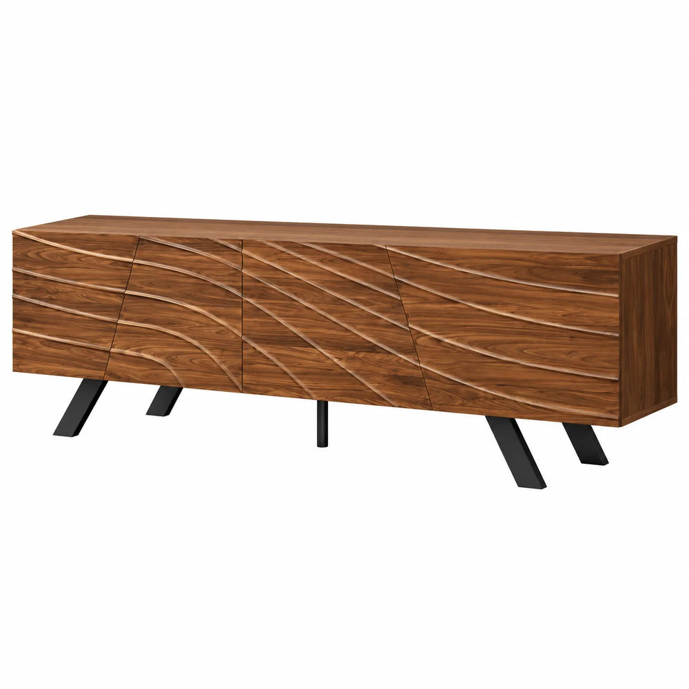 Meuble TV noyer 160 cm façade ondulée et pieds en fer noir