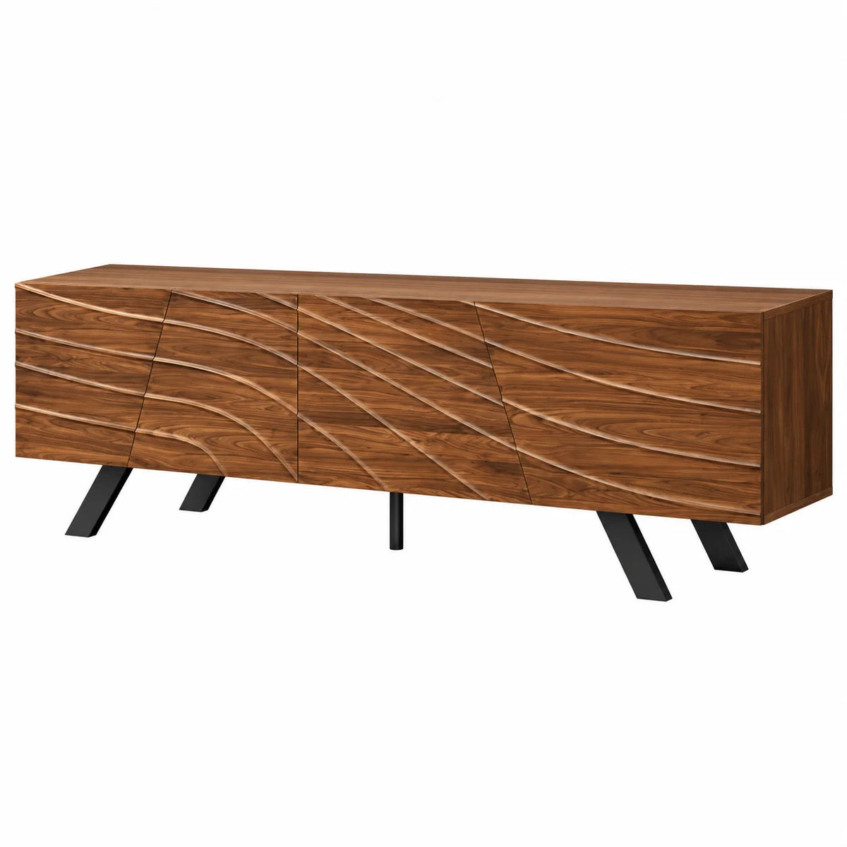 Meuble TV noyer 160 cm façade ondulée et pieds en fer noir