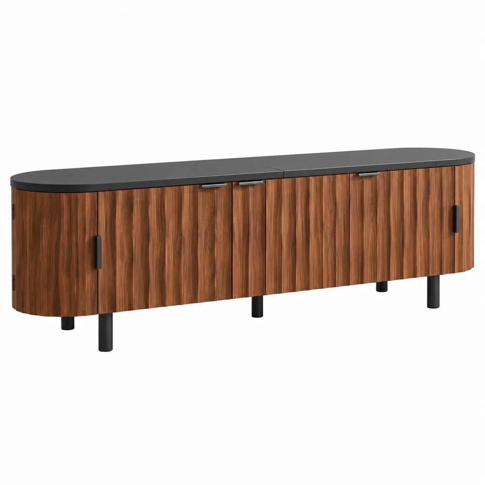 Meuble TV noyer et noir 170 cm cannelé 5 portes aux côtés arrondis