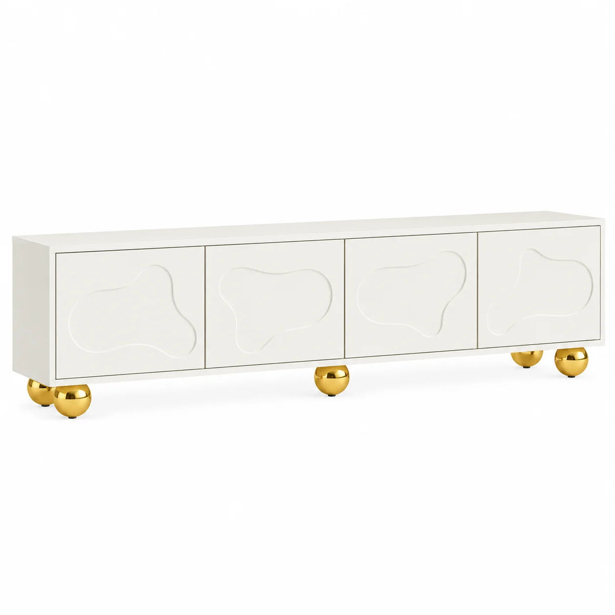Meuble TV nuage blanc 180 cm 4 portes et pieds boule dorés