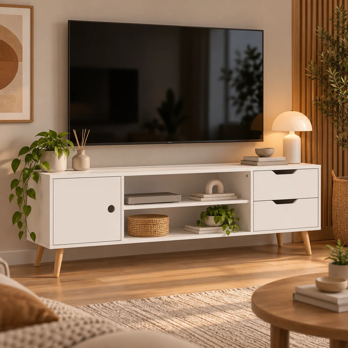 Meuble TV scandinave blanc 120 cm pieds en pin, placard, niches et tiroirs
