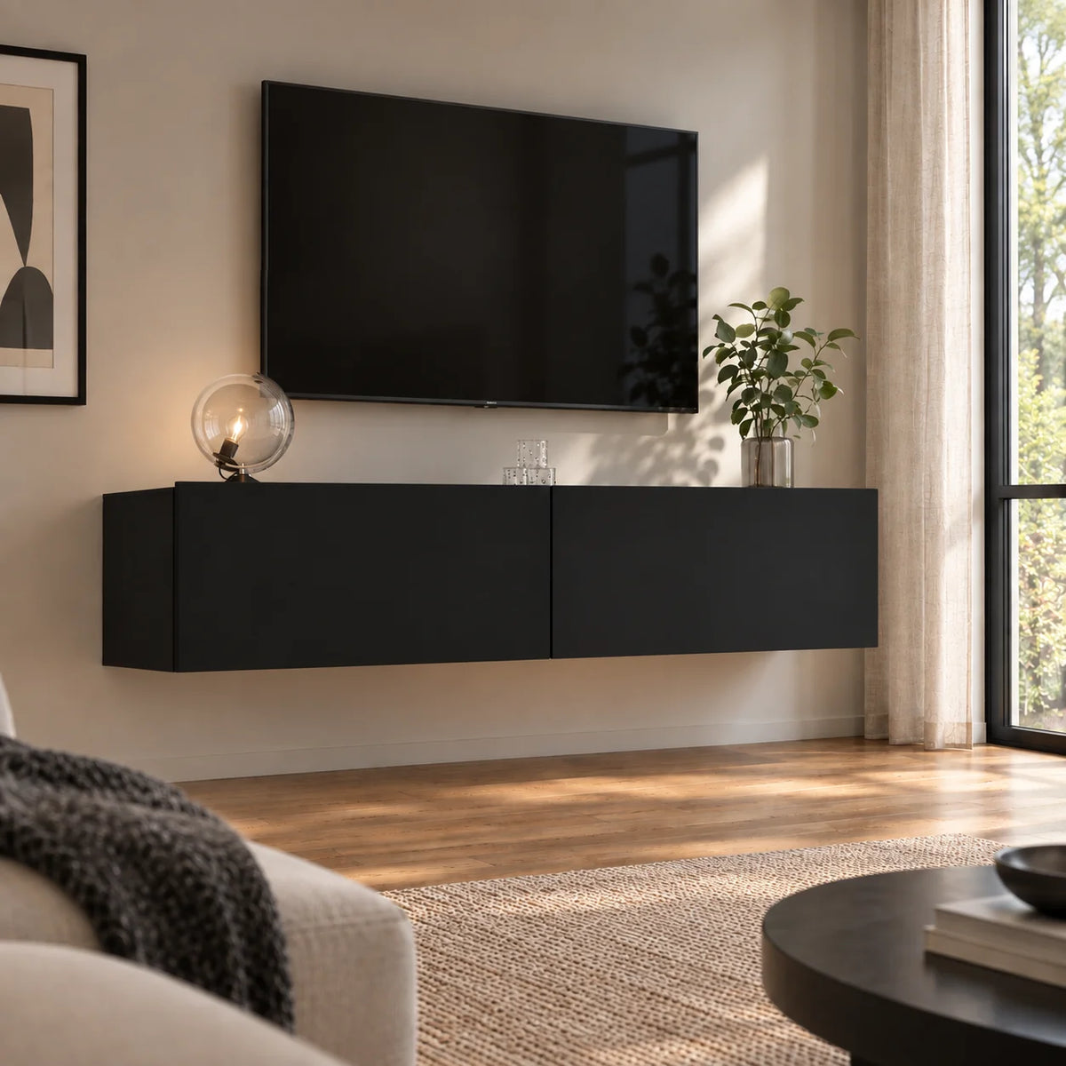 Meuble TV suspendu 120 cm chêne noir