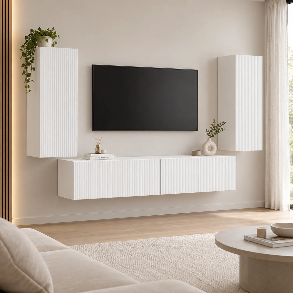 Ensemble meuble TV mural blanc cannelé 4 pièces