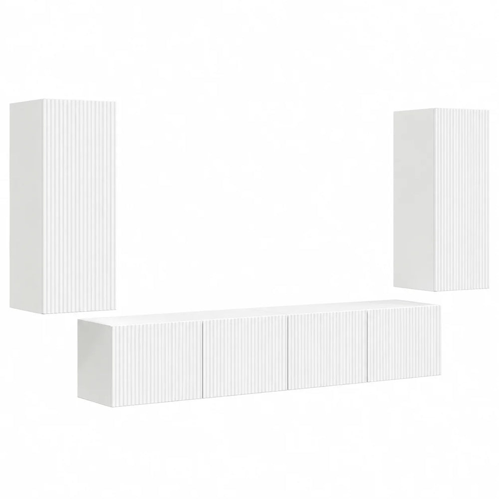 Ensemble meuble TV mural blanc cannelé 4 pièces