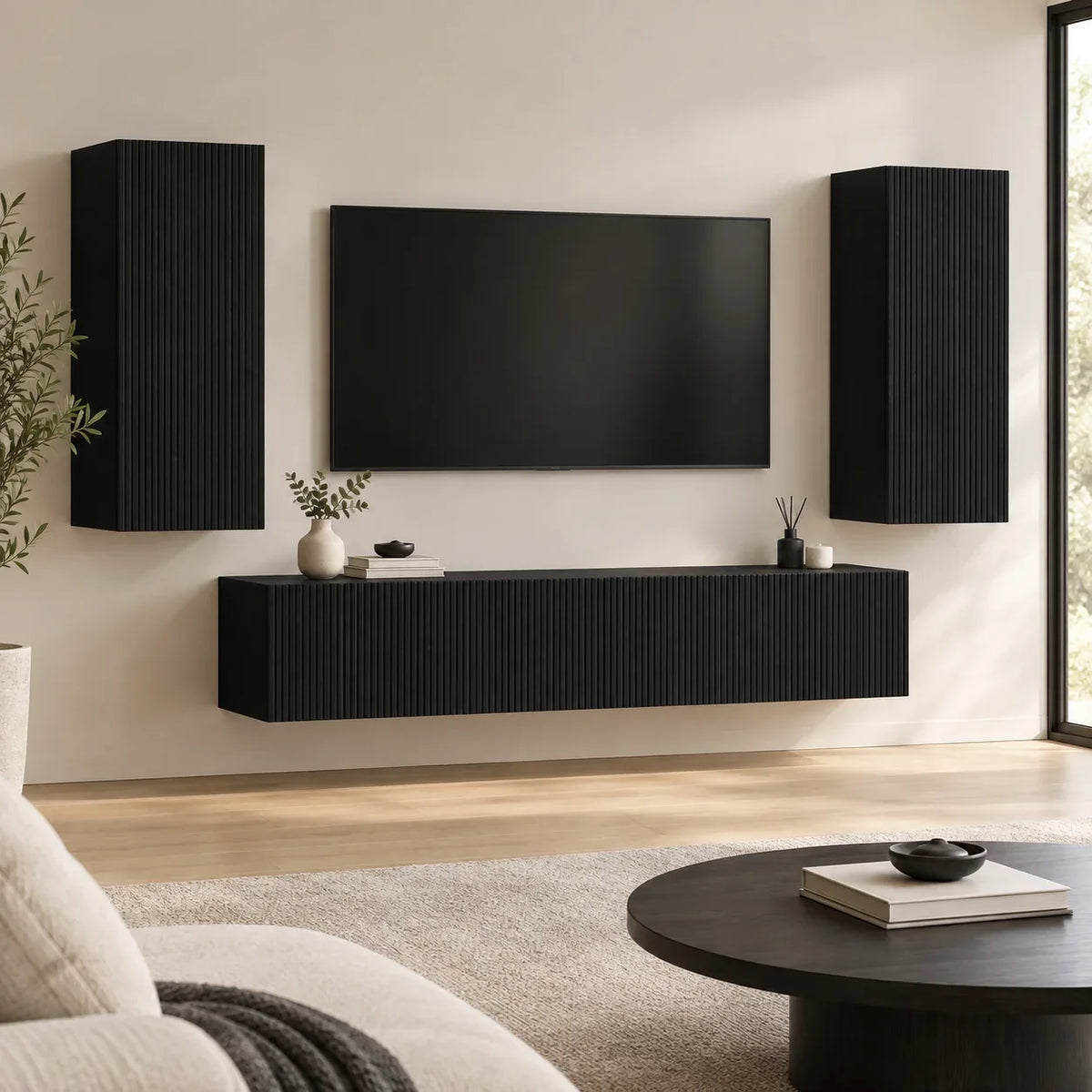 Ensemble meuble TV mural noir cannelé 4 pièces