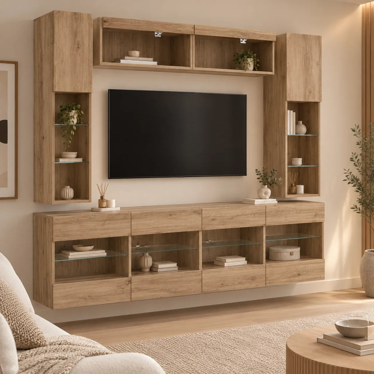 Ensemble meuble TV mural LED chêne artisanal 6 pièces