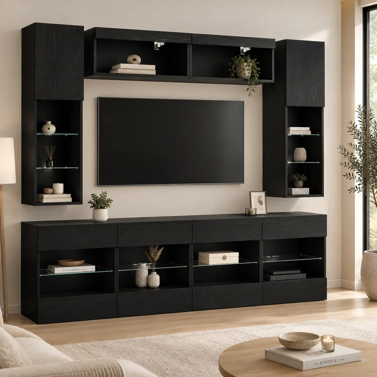 Ensemble meuble TV suspendu noir LED 6 pièces