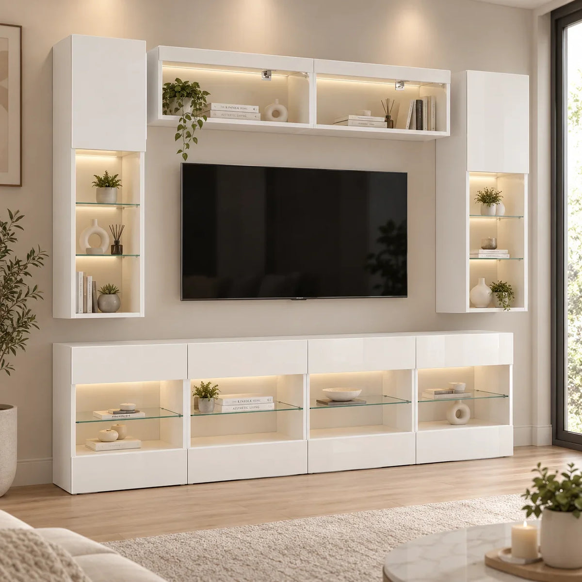 Ensemble meuble TV suspendu blanc LED 6 pièces