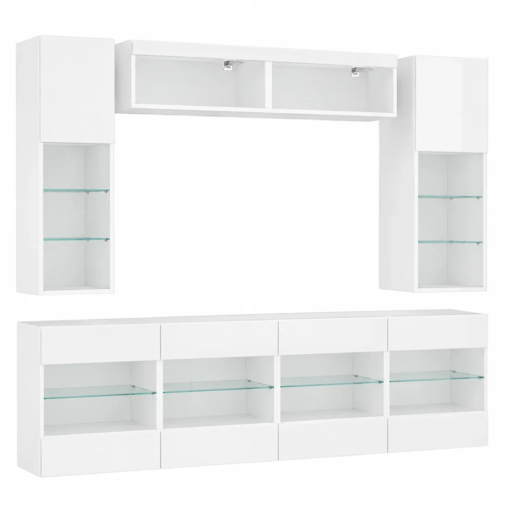 Ensemble meuble TV suspendu blanc LED 6 pièces