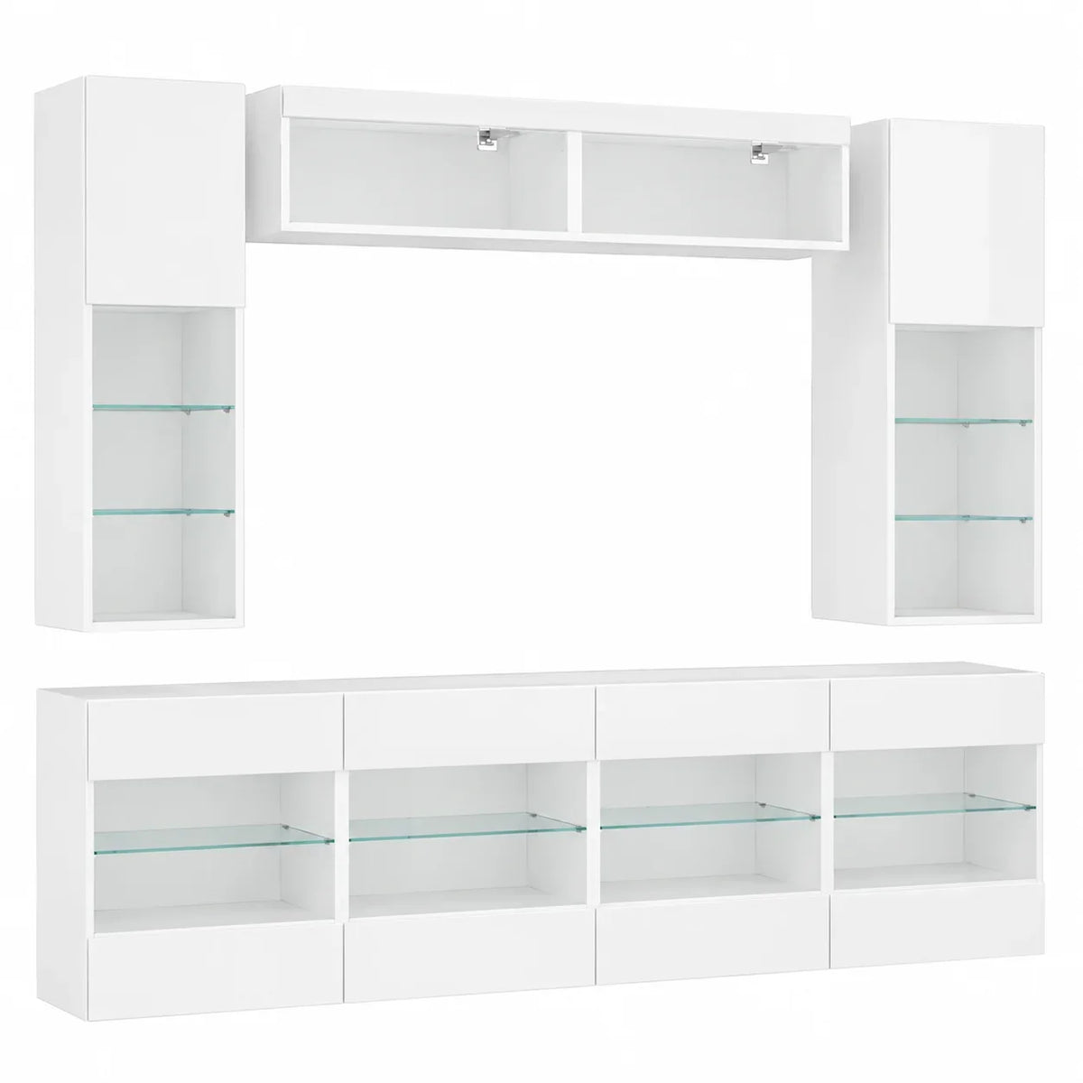 Ensemble meuble TV mural 6 pièces blanc avec éclairage LED