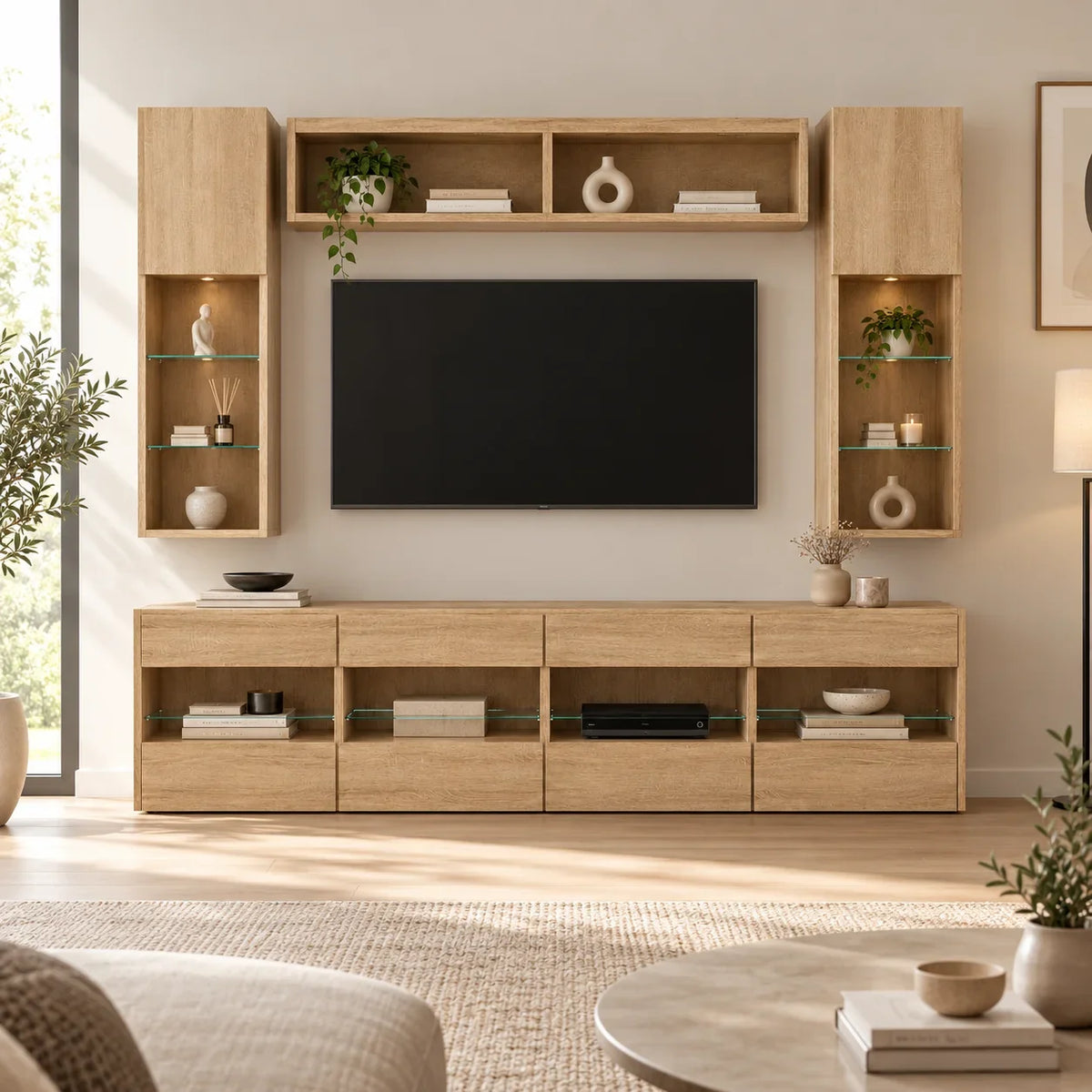 Ensemble meuble TV suspendu LED chêne sonoma 6 pièces