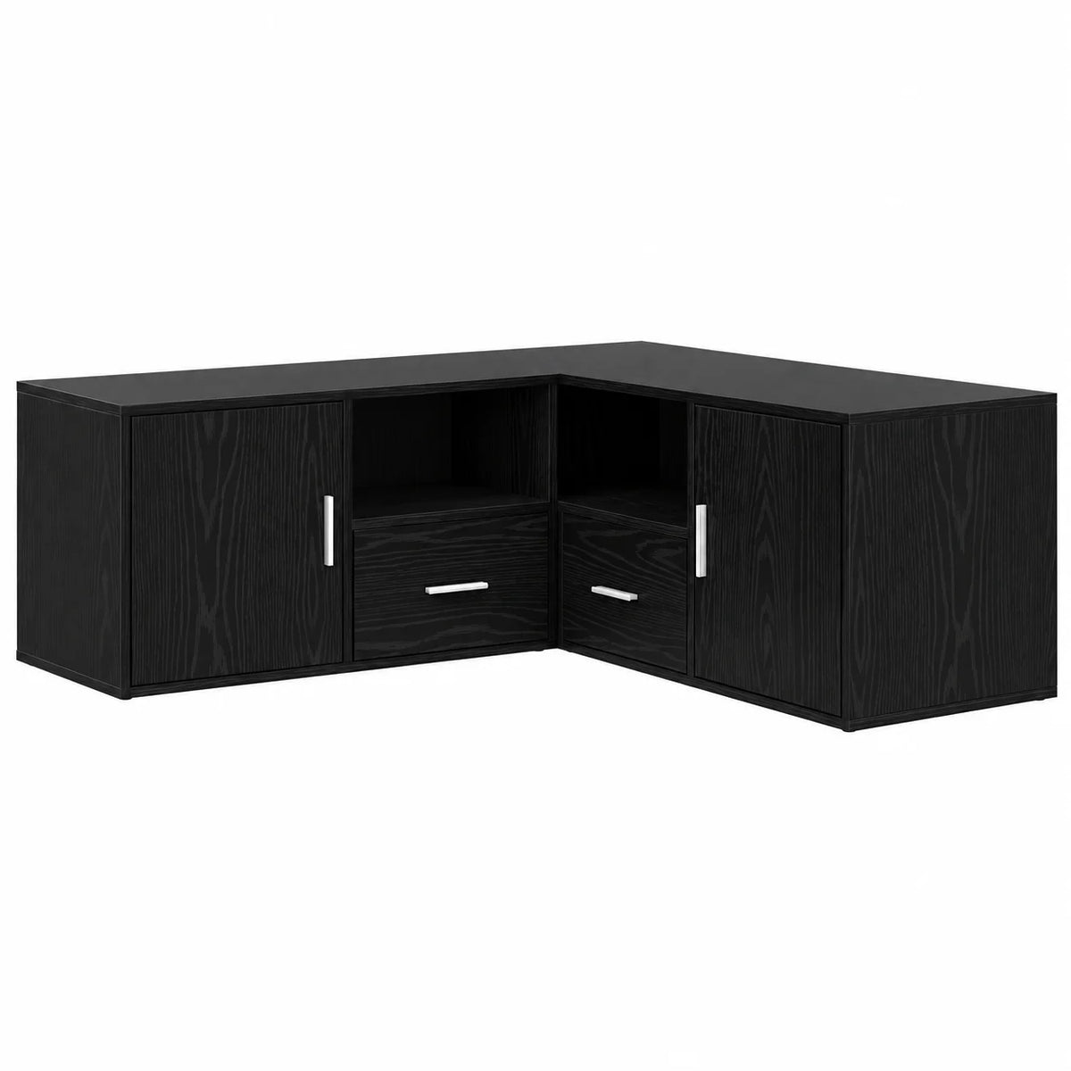 Meuble TV d'angle modulable décor chêne noir, vue d'ensemble