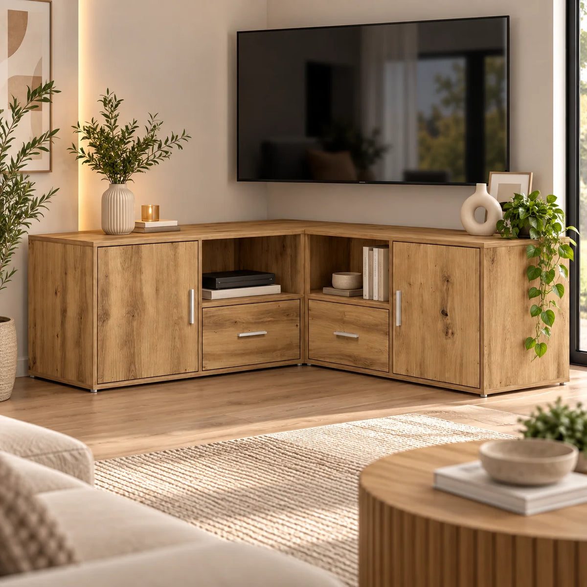 Meuble TV d'angle chêne artisanal 200 cm