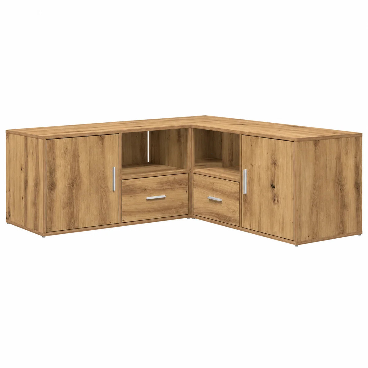 Meuble TV d'angle modulable décor chêne naturel, vue d'ensemble