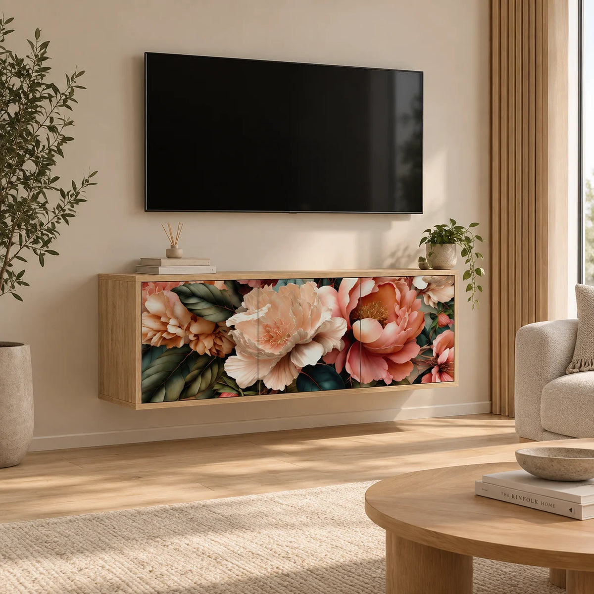 Meuble TV suspendu design motif pivoines chêne sonoma 102 cm