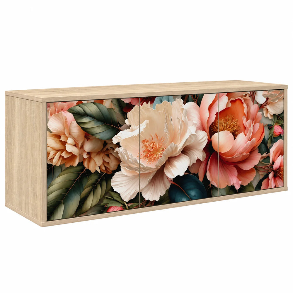 Meuble TV suspendu design motif pivoines chêne sonoma 102 cm