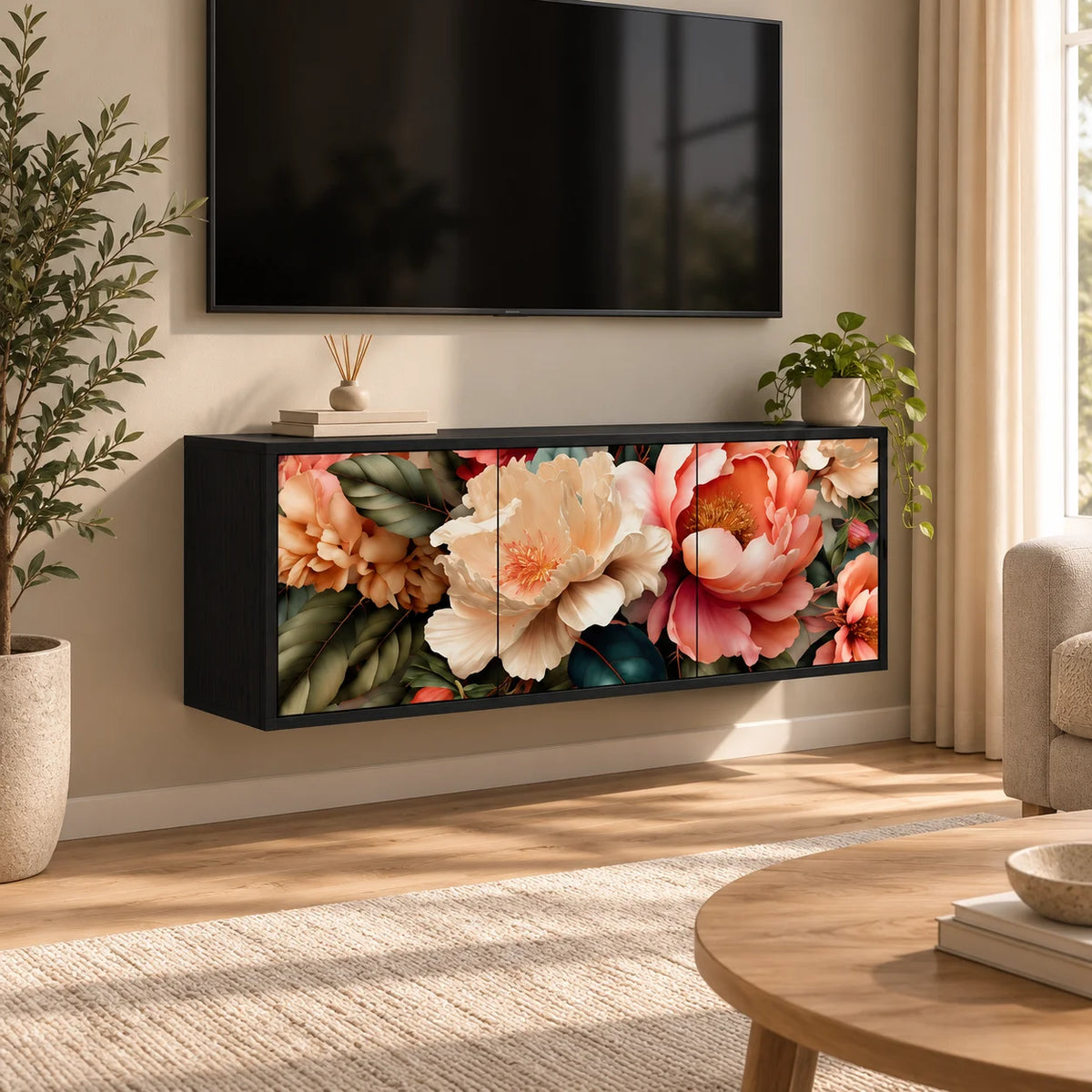 Meuble TV mural design motif pivoines chêne noir 102 cm