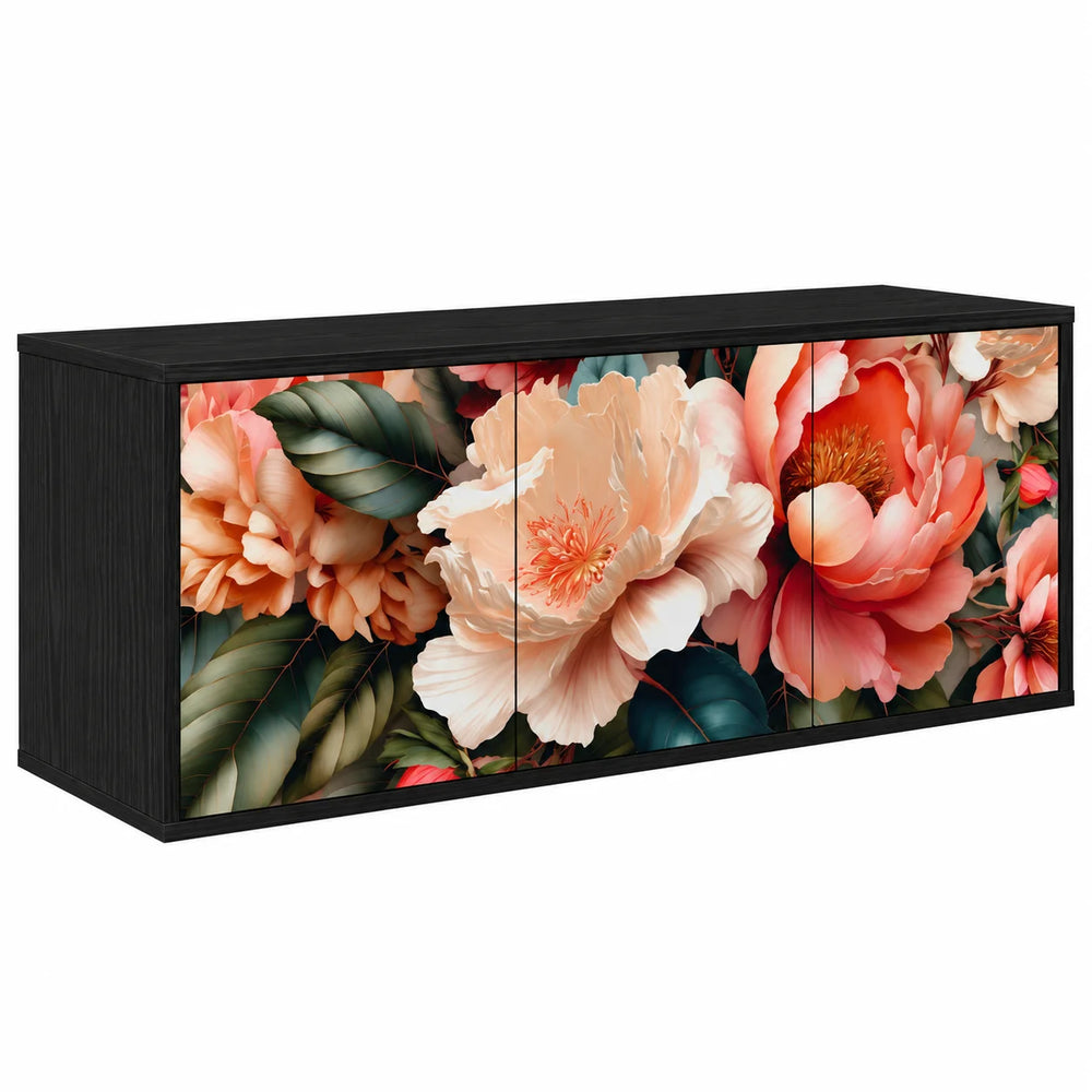 Meuble TV mural design motif pivoines chêne noir 102 cm