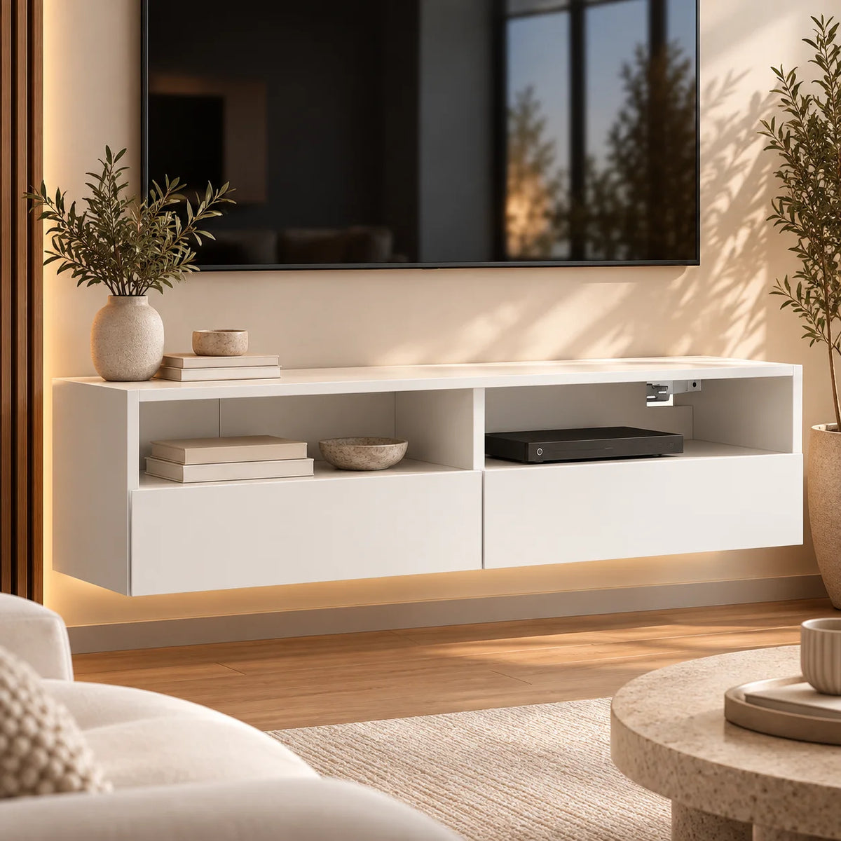 Meuble TV suspendu blanc 100 cm avec niches