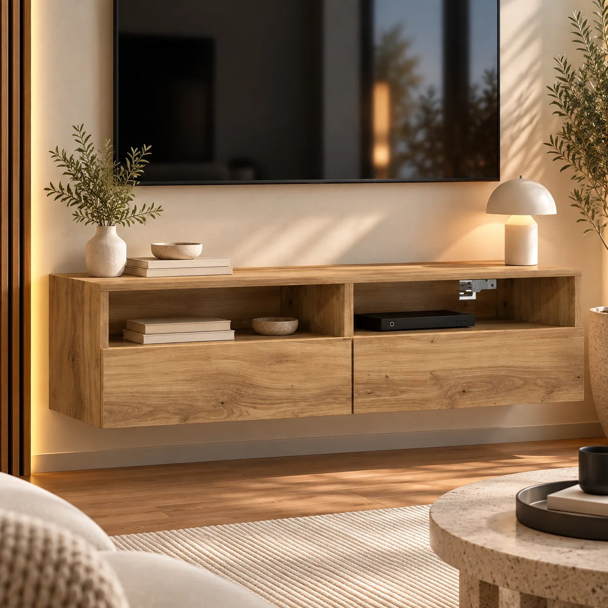 Meuble TV suspendu chêne artisanal 100 cm avec niches