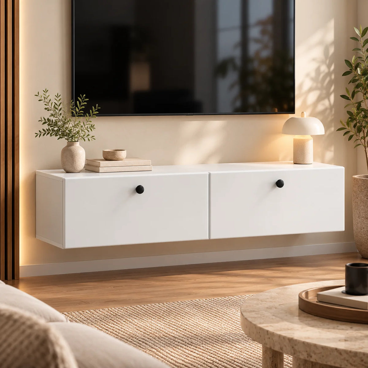 Meuble TV mural blanc 2 portes suspendu