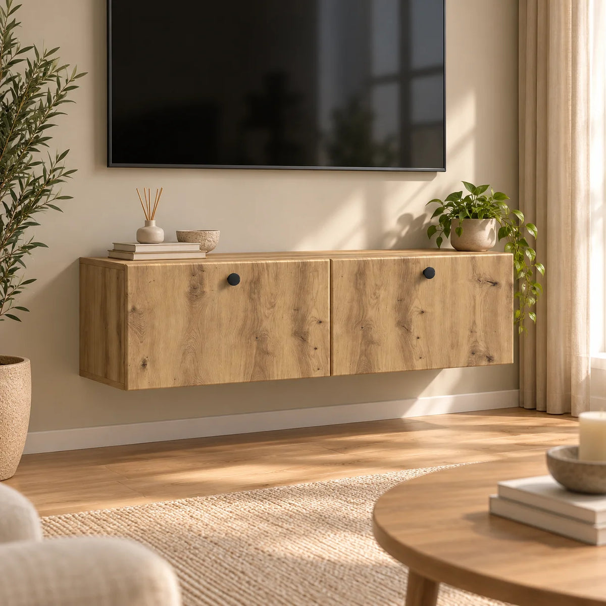 Meuble TV suspendu chêne artisanal 2 portes