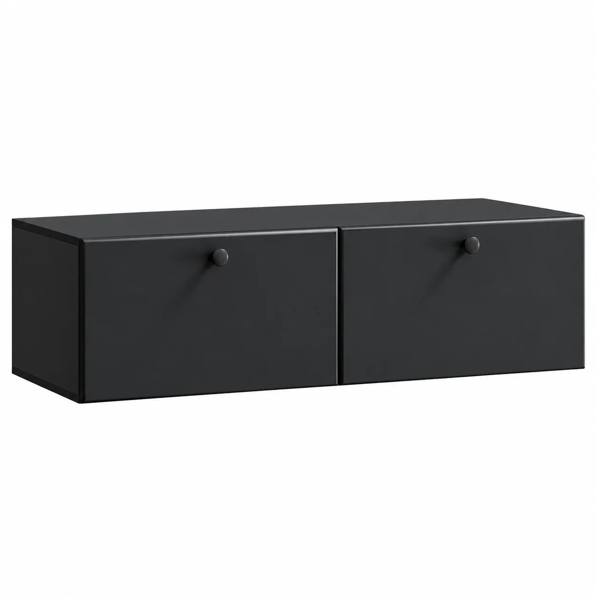 Meuble TV suspendu 2 portes noir minimaliste, vue d'ensemble
