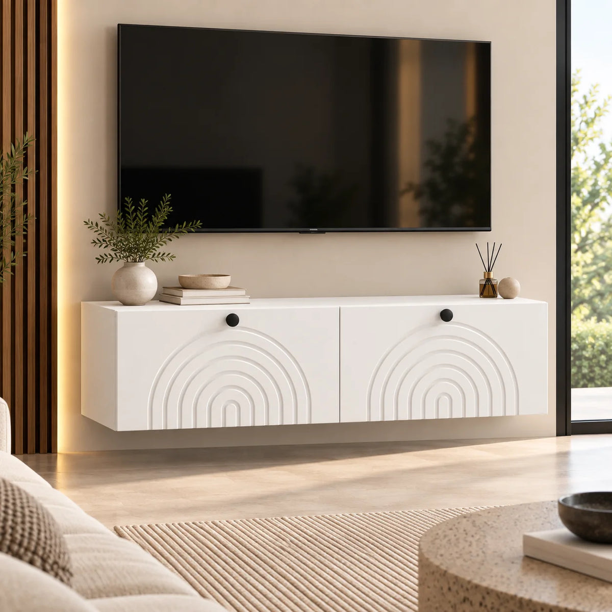 Meuble TV suspendu blanc motif arches