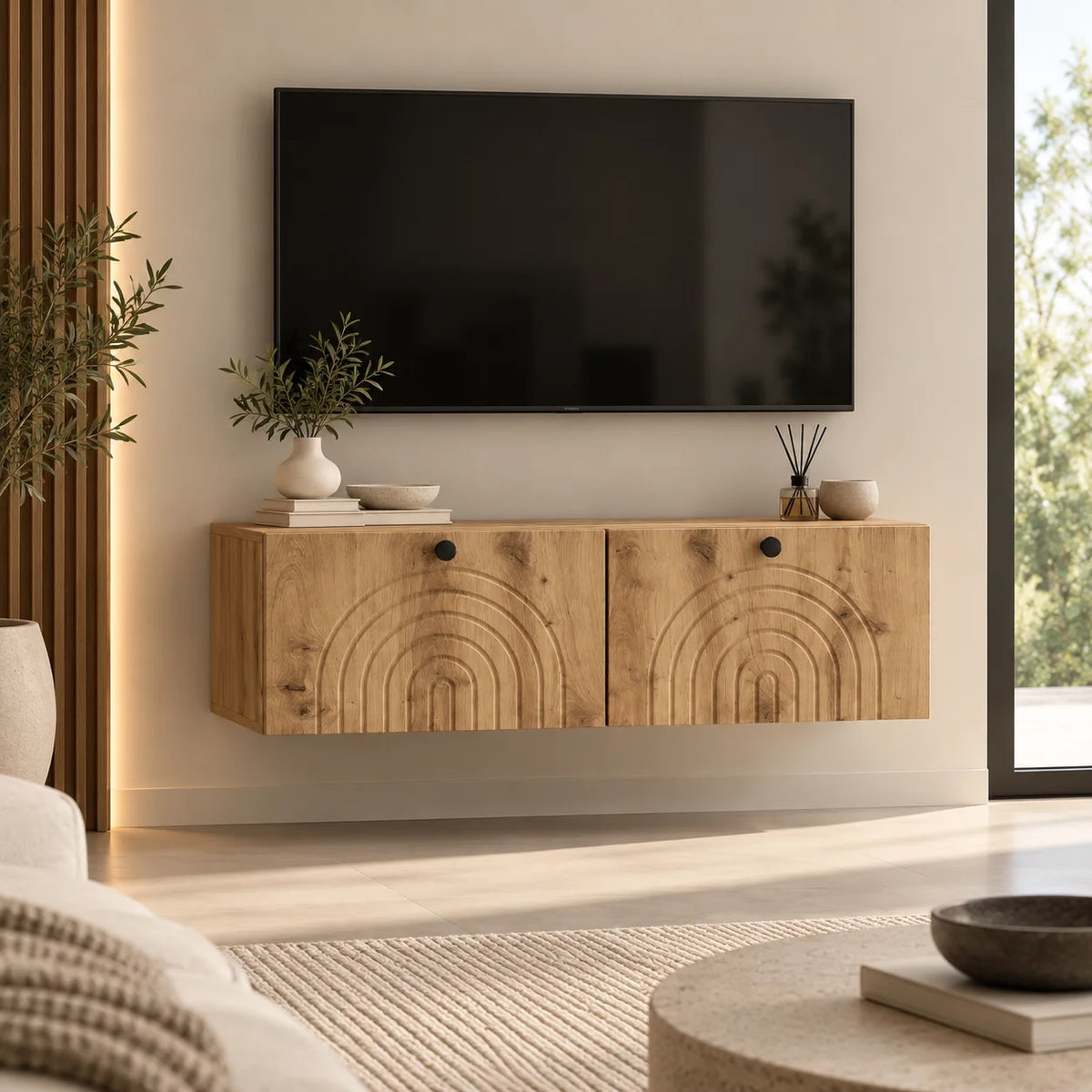 Meuble TV suspendu chêne artisanal motif arches