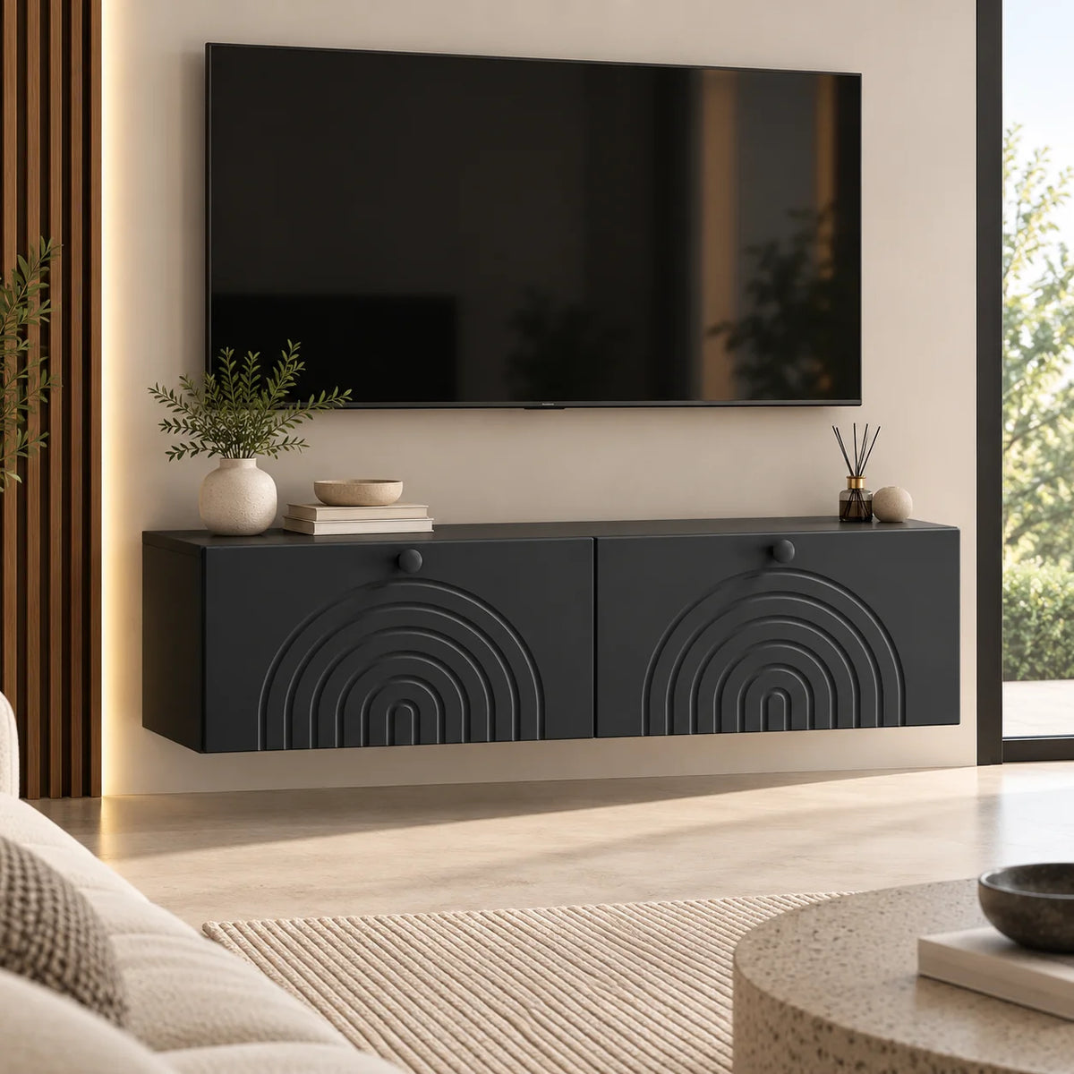 Meuble TV suspendu noir motif arches