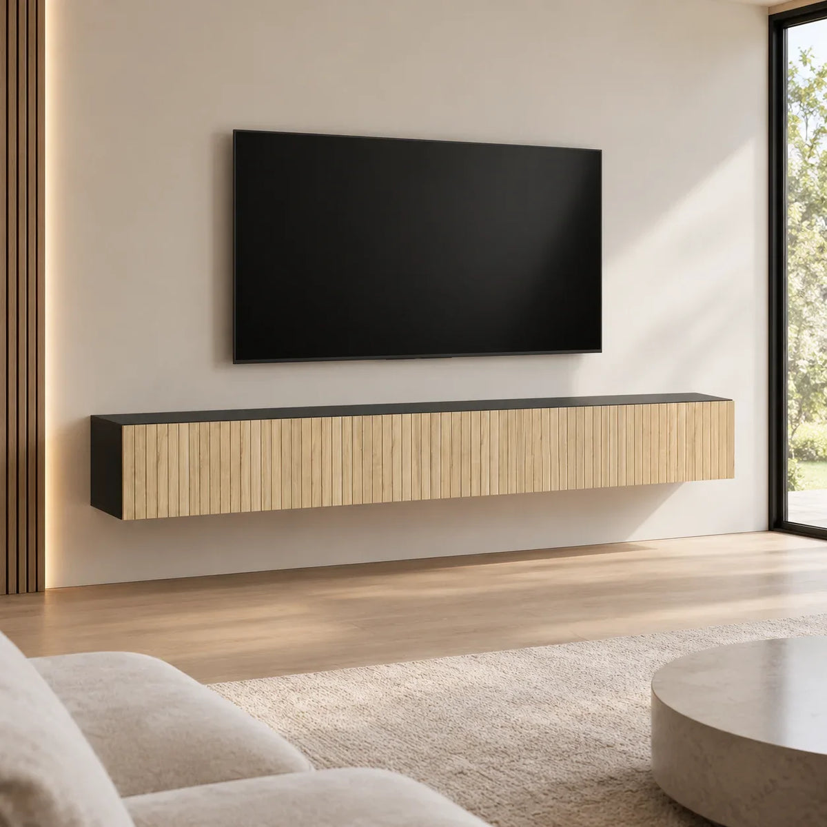 Meuble TV suspendu noir et bois cannelé 140 cm